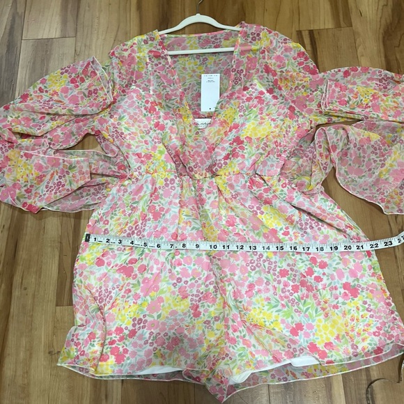 Miss Selfridge Floral Chiffon Romper Pink Yellow Long Sleeve V-Neck US 12 NWT - Picture 10 of 11